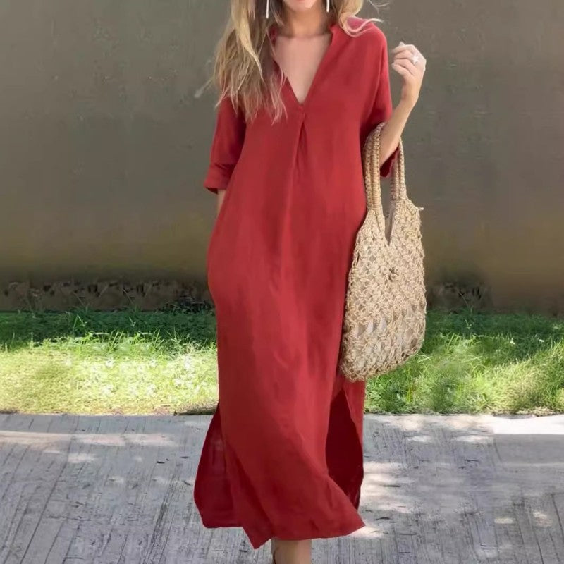KS | Linen dress with V-neck and pocket