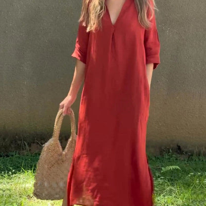 KS | Linen dress with V-neck and pocket