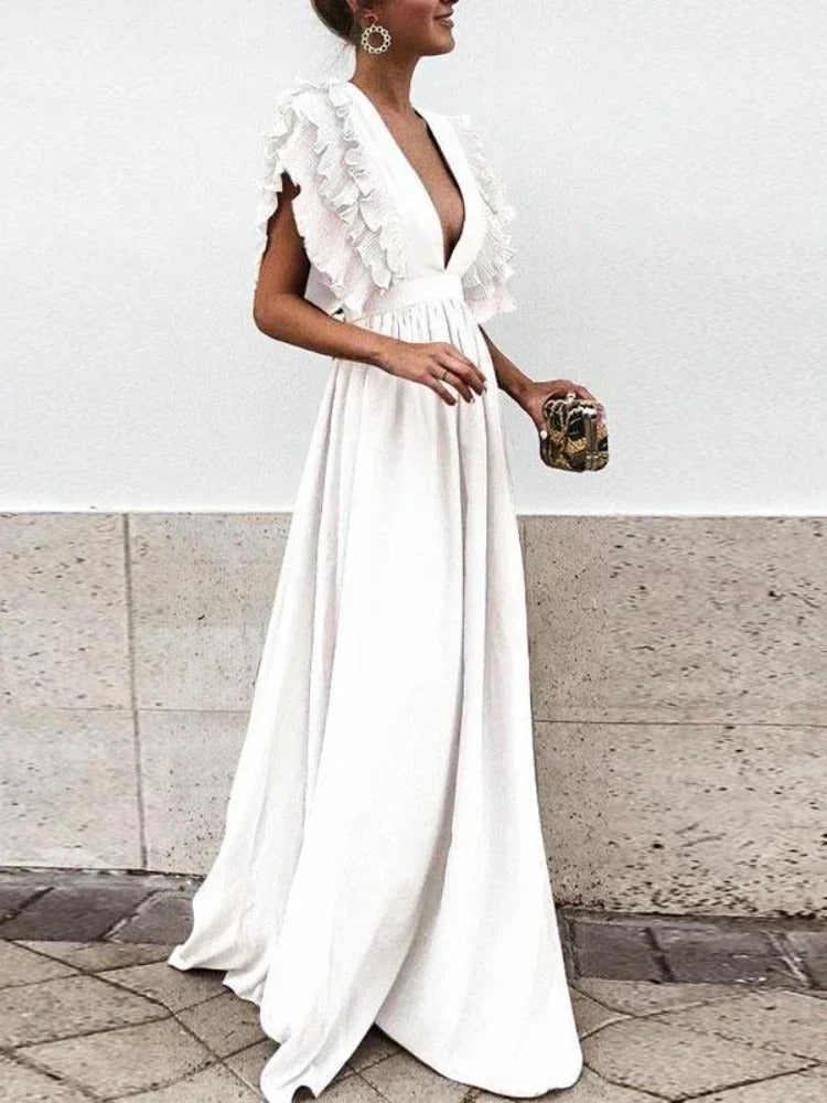 KS | Elegant dress with V-neck and ruffled sleeves